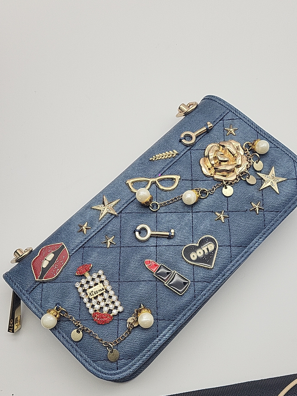 Aldo Faux Leather Denim Quilted Wallet with Gold Charms and Enamel Accents